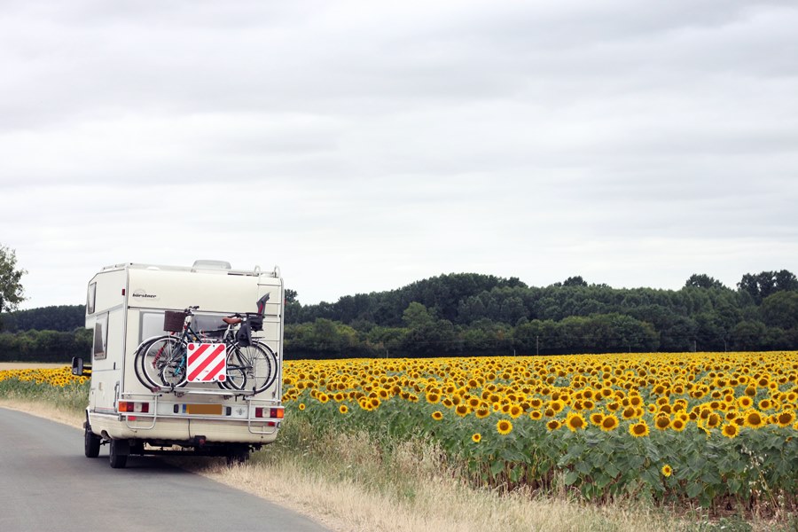 Motorhome with field of sunflowers - France In A Campervan